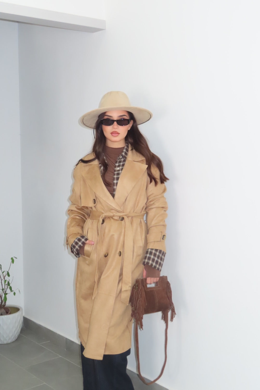 Trench Scamosciato Beige Panna Nero