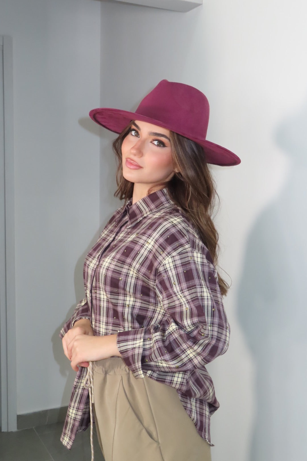 Camicia quadri Borchiette Marrone Bordeaux