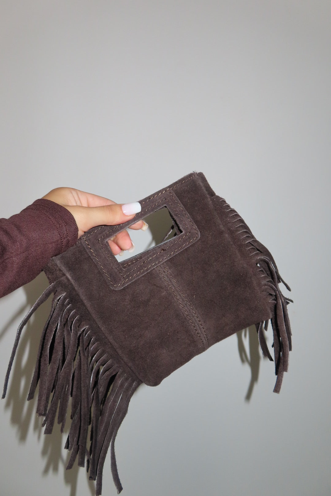 Mini Borsa Frange Scamosciata Fango Marrone chiaro e Marrone