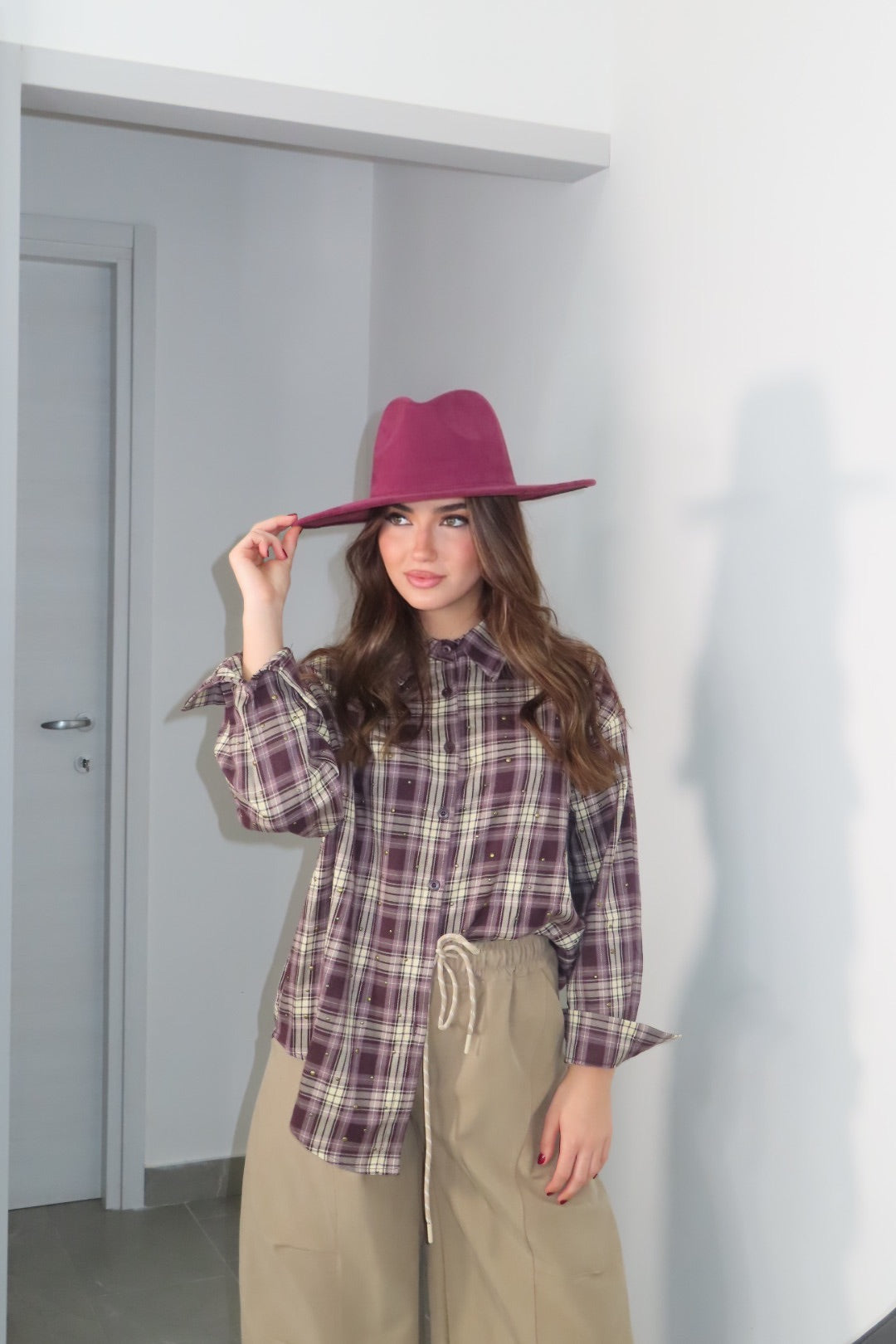 Camicia quadri Borchiette Marrone Bordeaux