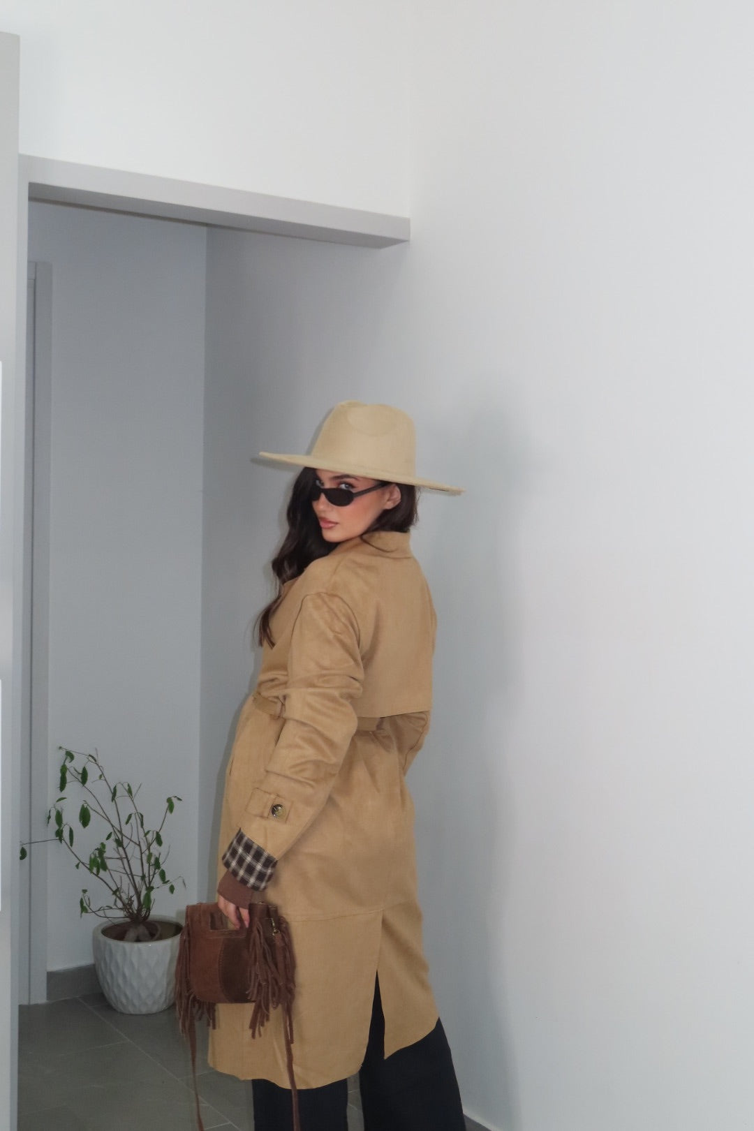 Trench Scamosciato Beige Panna Nero