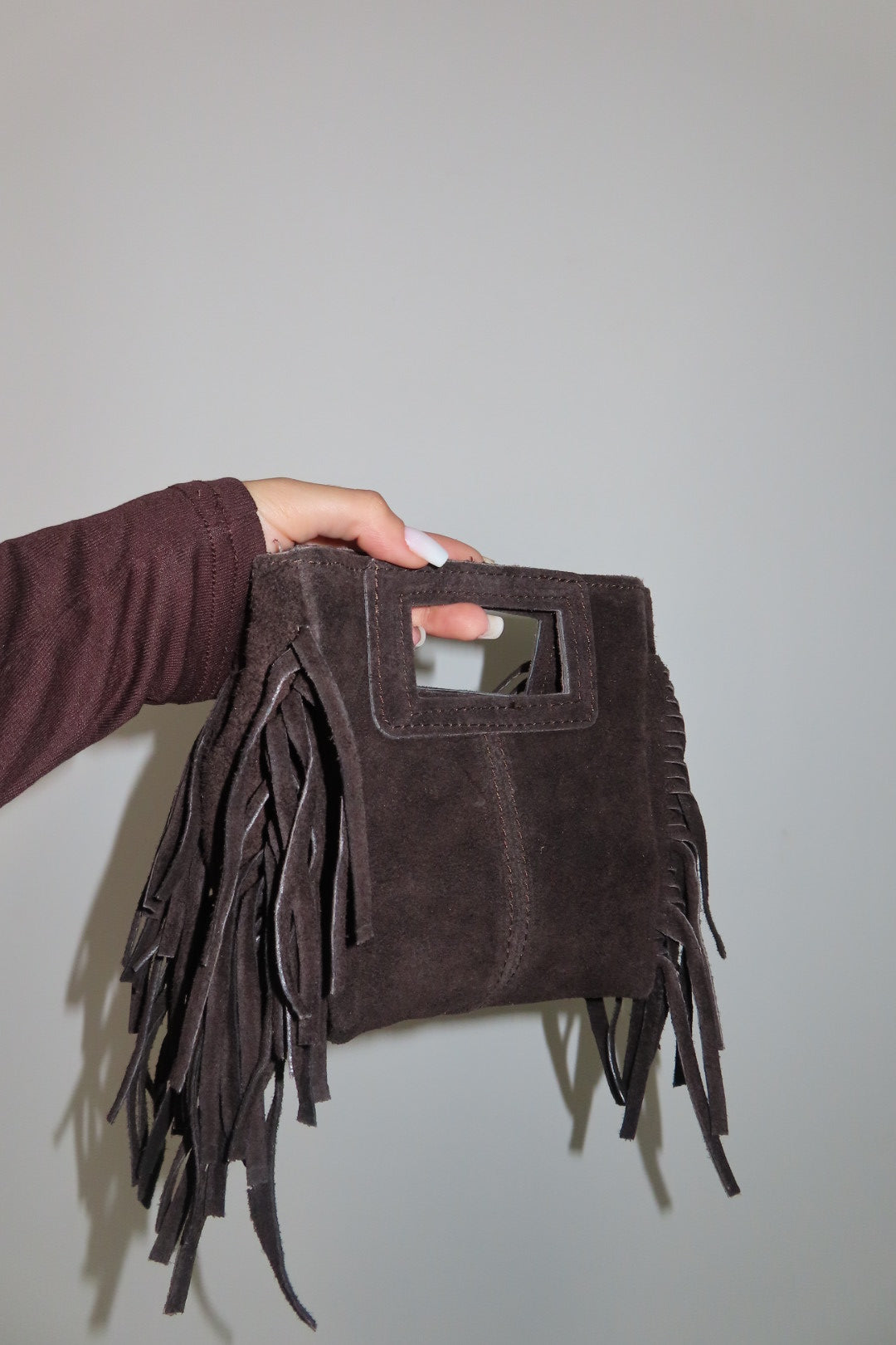 Mini Borsa Frange Scamosciata Fango Marrone chiaro e Marrone