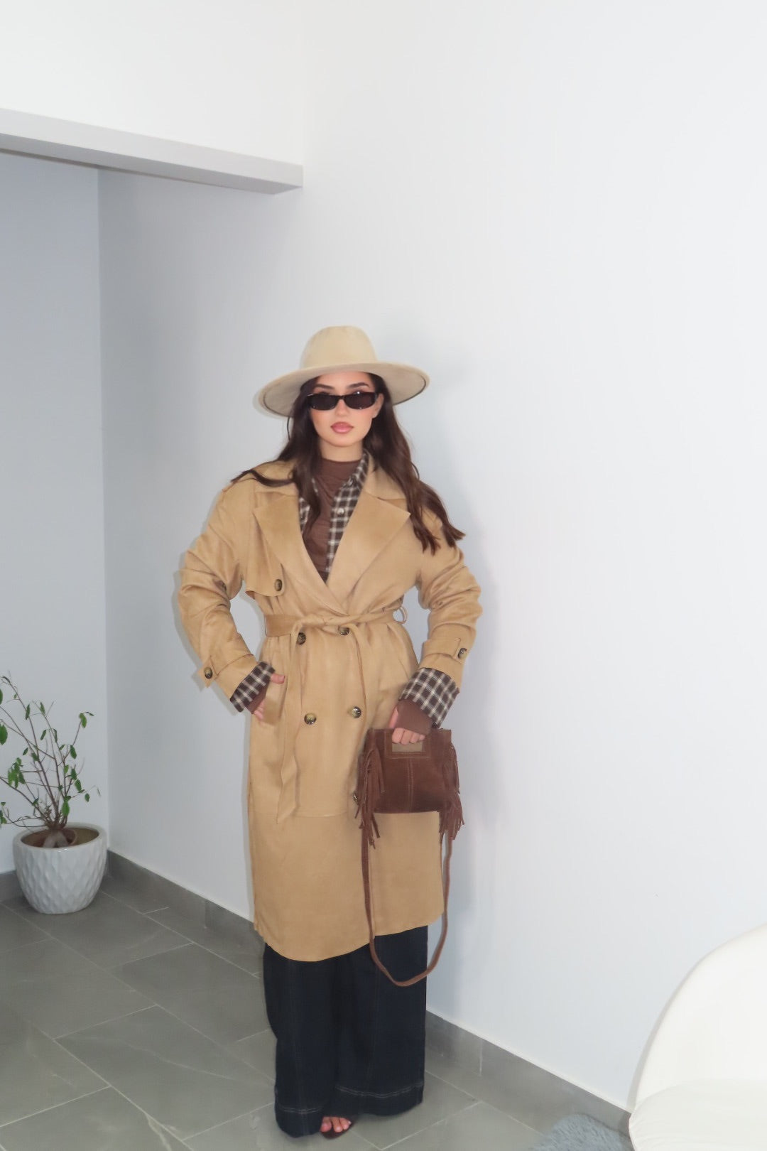 Trench Scamosciato Beige Panna Nero