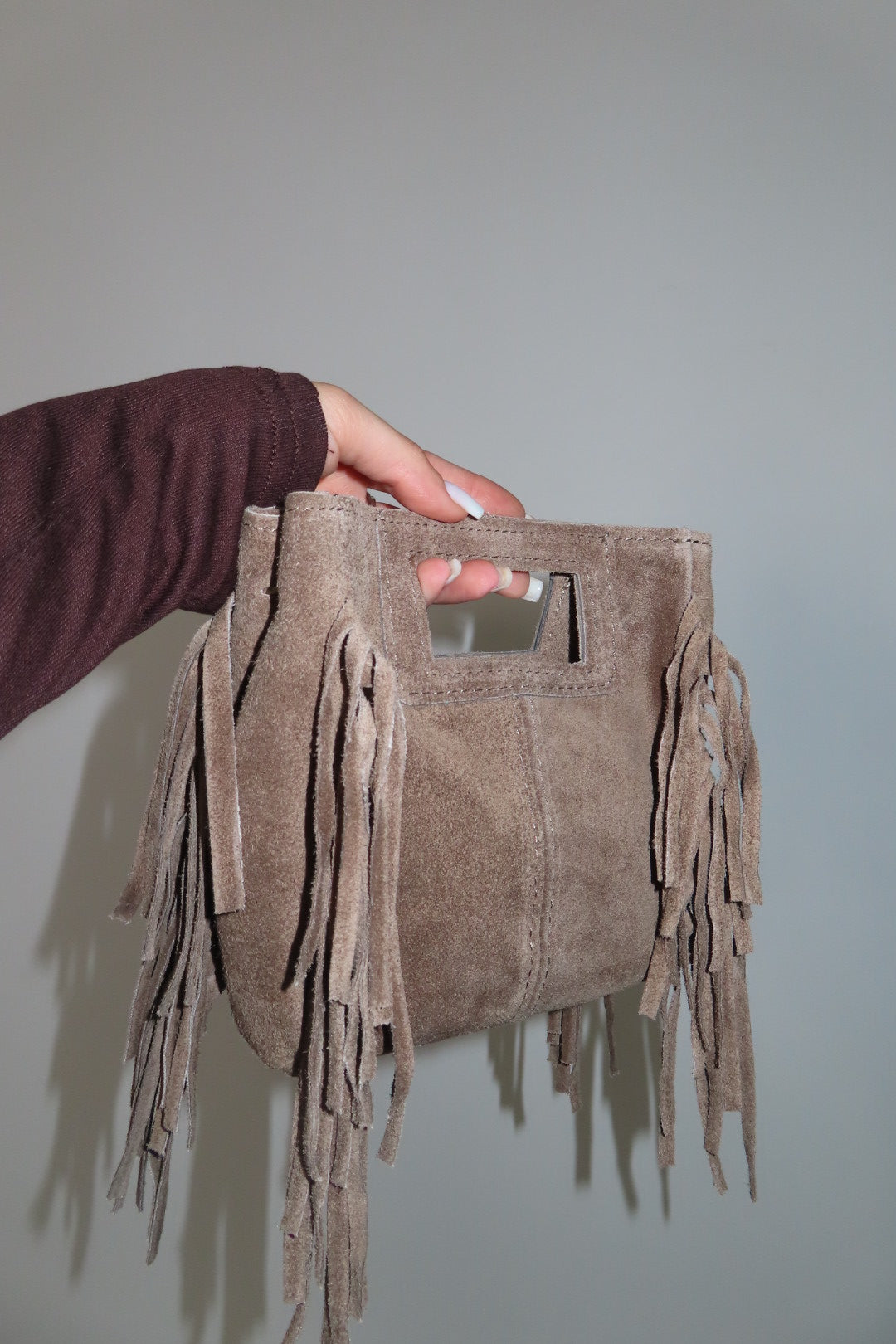 Mini Borsa Frange Scamosciata Fango Marrone chiaro e Marrone