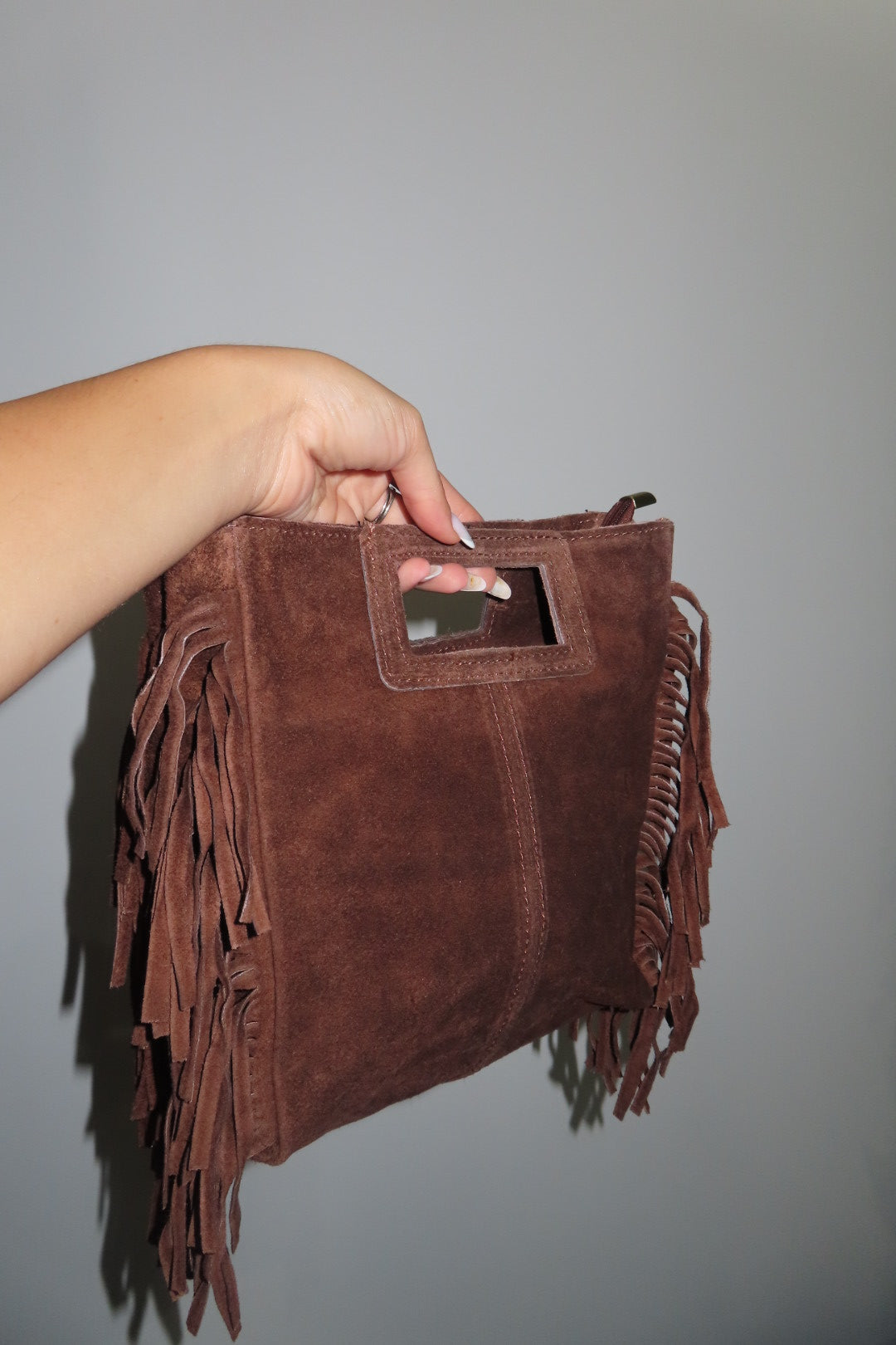 Borsa Camoscio Frange Marrone e Tortora nera Marrone chiaro