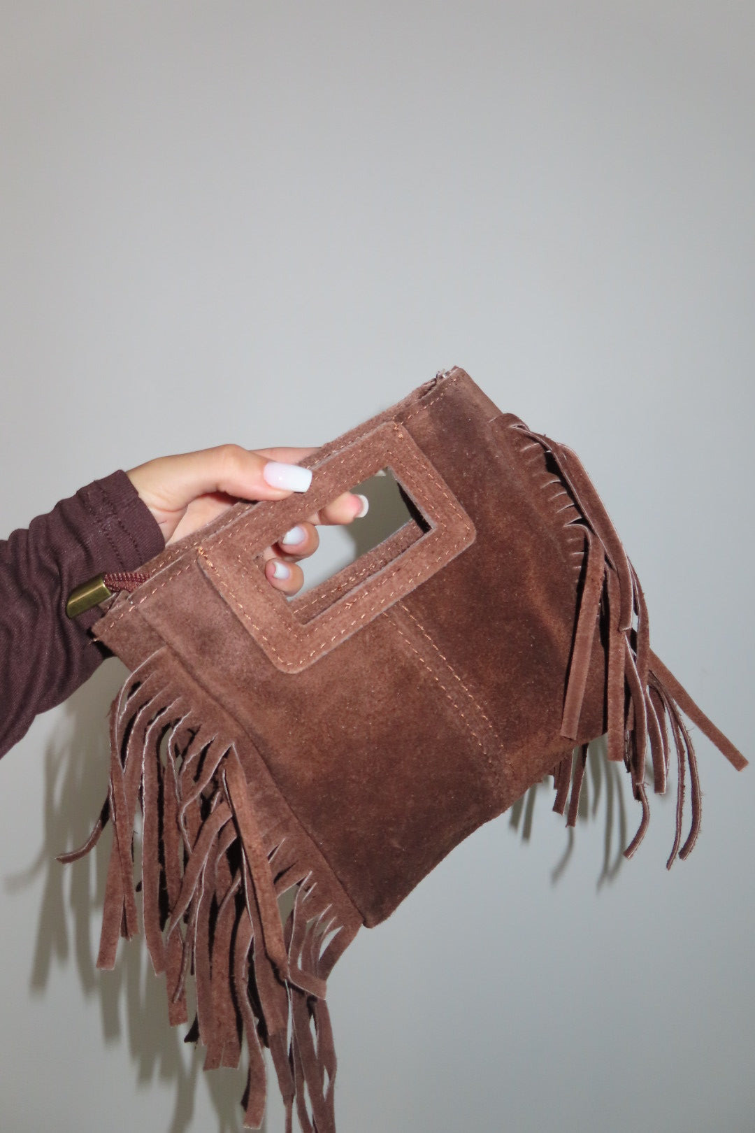 Mini Borsa Frange Scamosciata Fango Marrone chiaro e Marrone