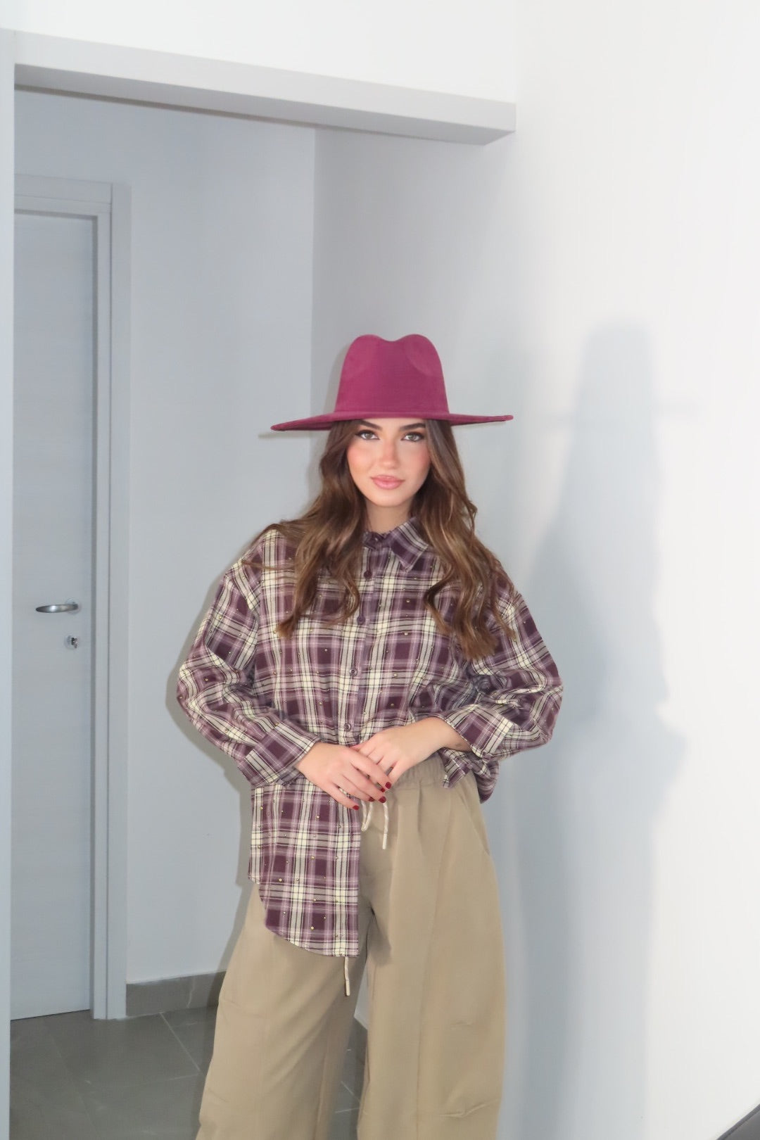 Camicia quadri Borchiette Marrone Bordeaux