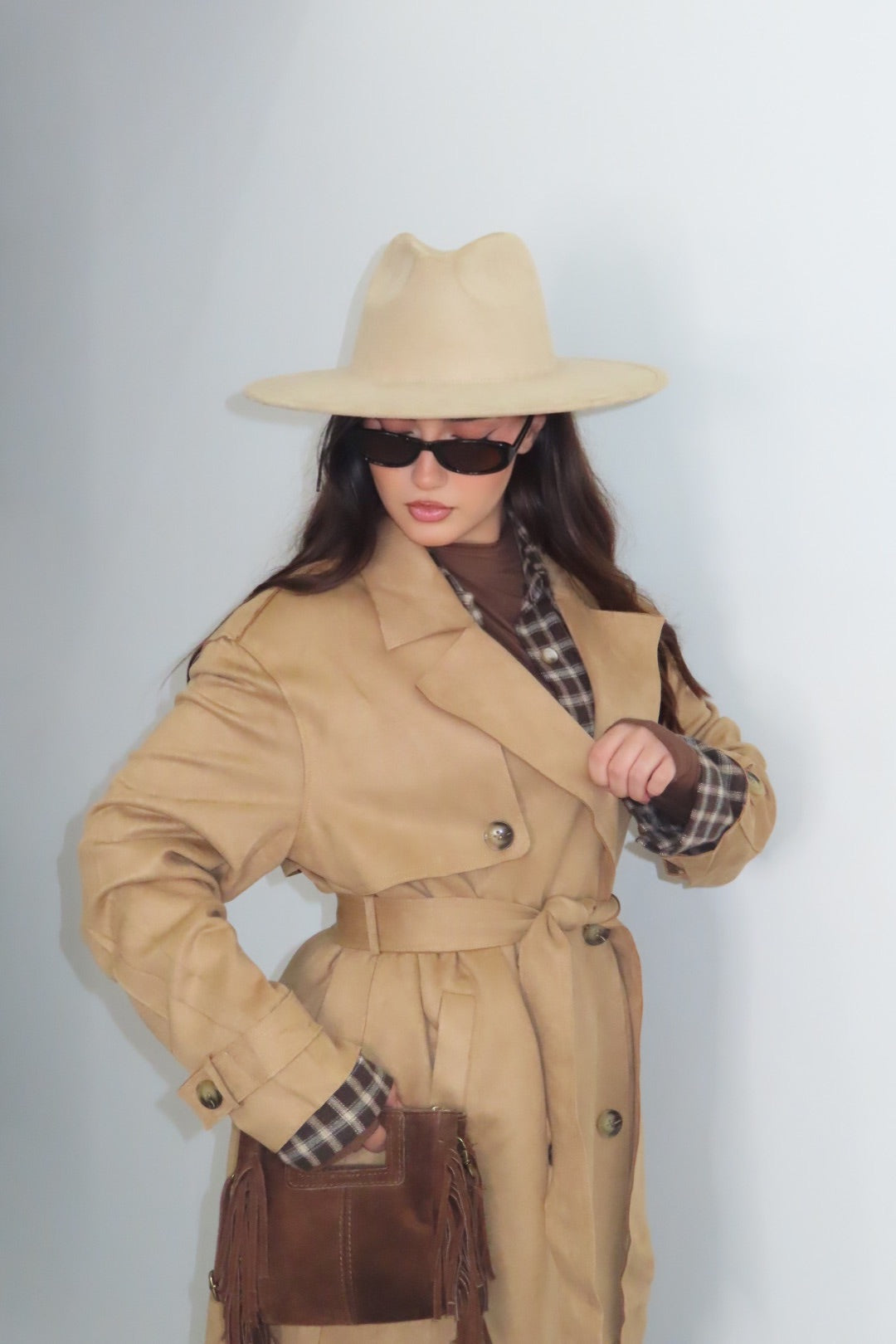 Trench Scamosciato Beige Panna Nero