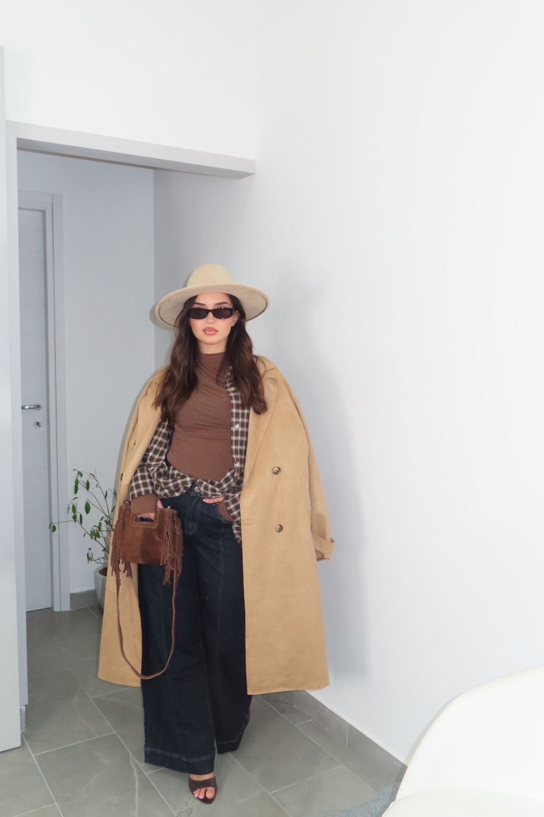 Trench Scamosciato Beige Panna Nero
