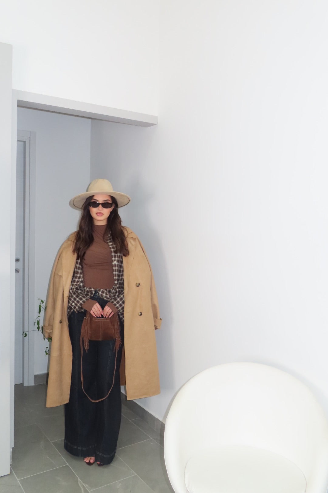 Trench Scamosciato Beige Panna Nero