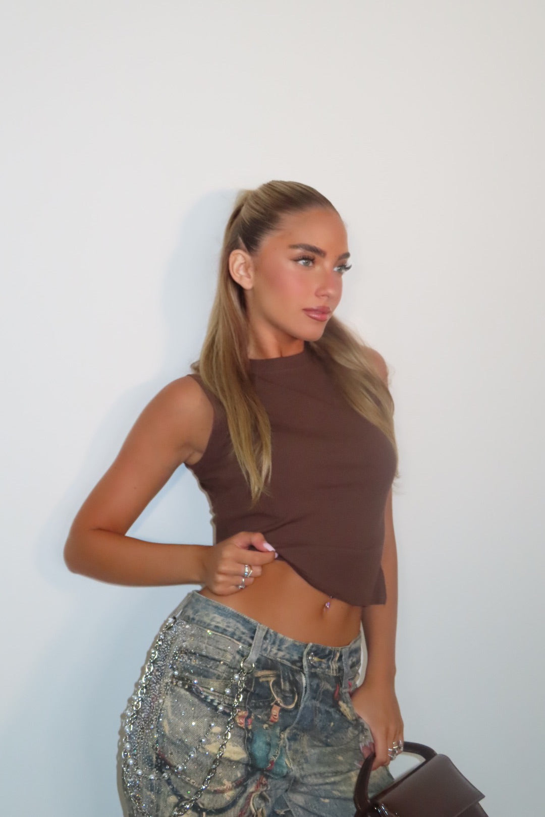 Canotta Basic Costine Bianca Verde Marrone