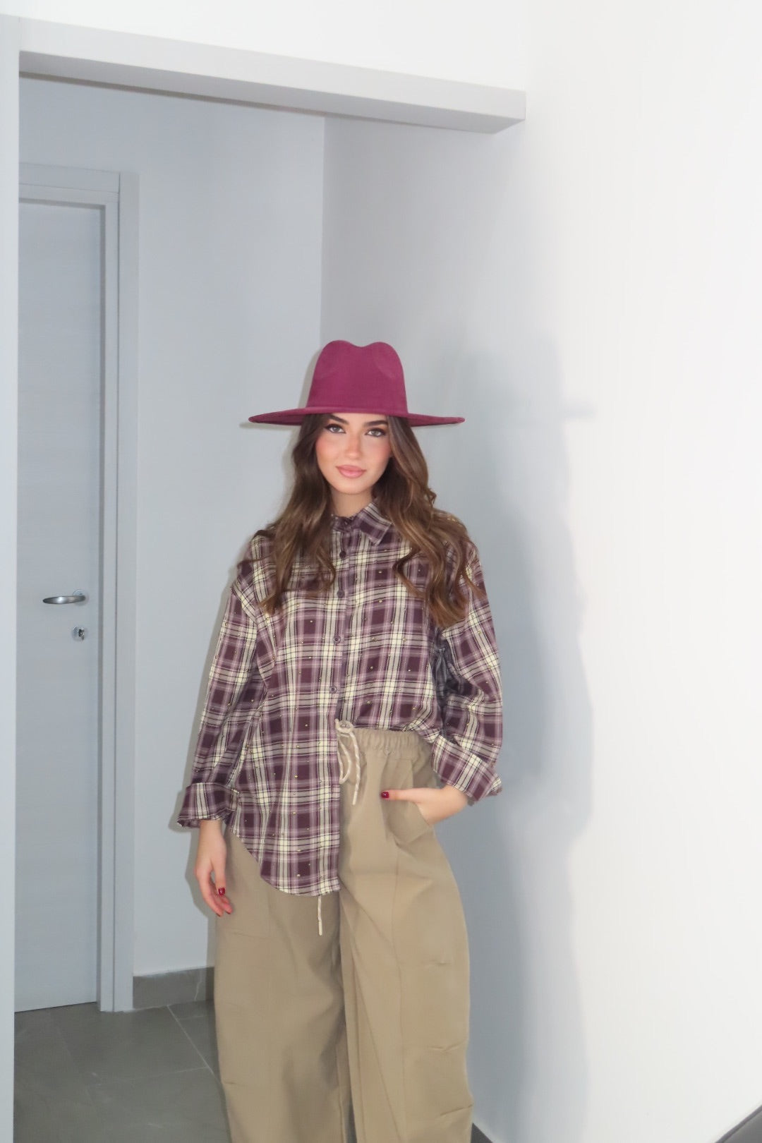 Camicia quadri Borchiette Marrone Bordeaux