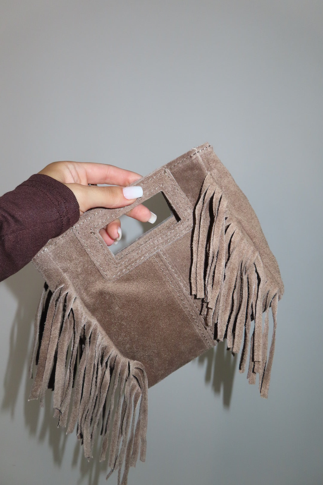 Mini Borsa Frange Scamosciata Fango Marrone chiaro e Marrone