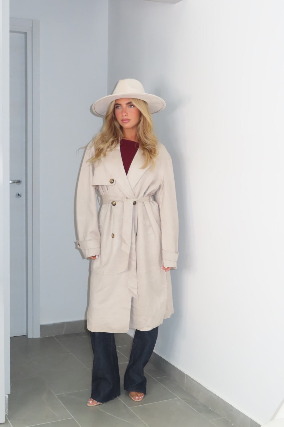 Trench Scamosciato Beige Panna Nero
