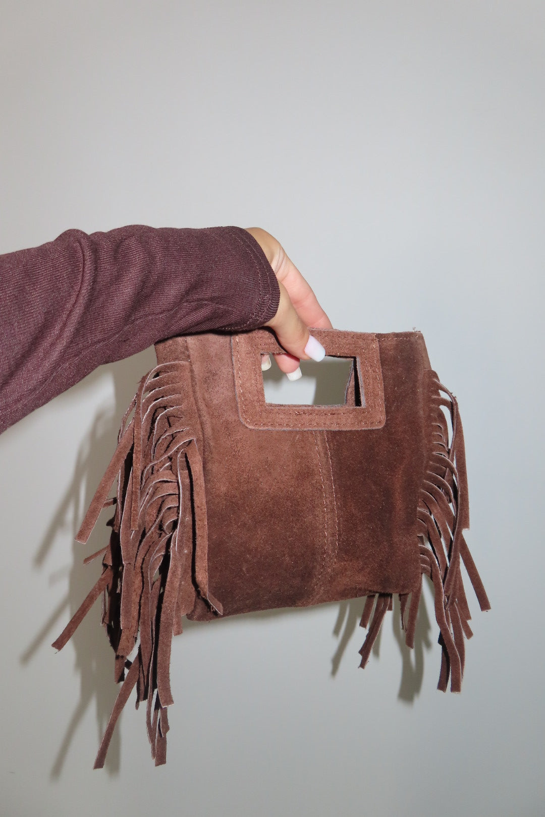 Mini Borsa Frange Scamosciata Fango Marrone chiaro e Marrone